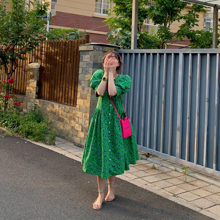 Floral slim lantern sleeve apple-green Korean style dress