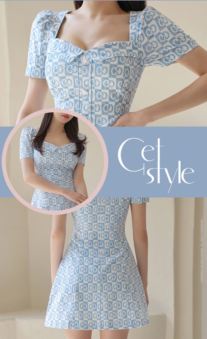 Geometry puff sleeve printing pattern dress
