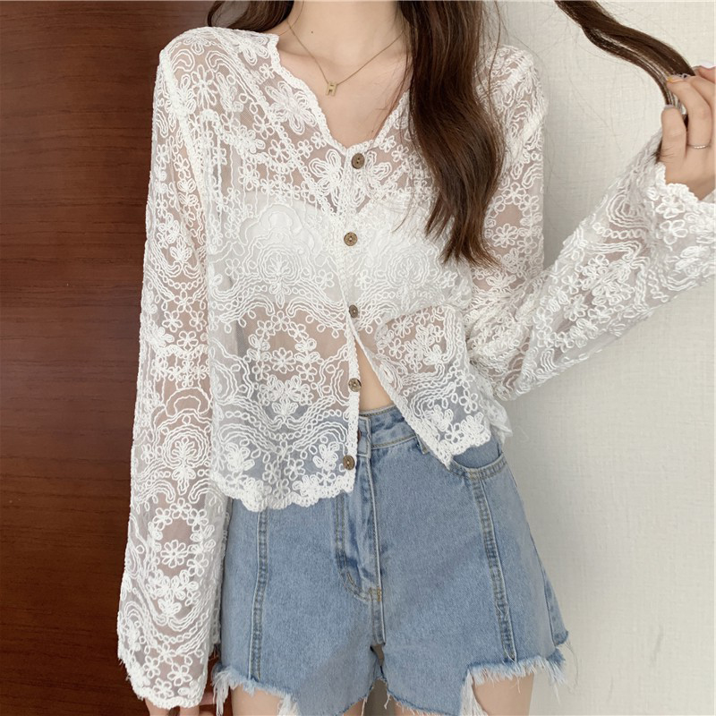 Summer loose thin jacket hollow lace sun shirt for women