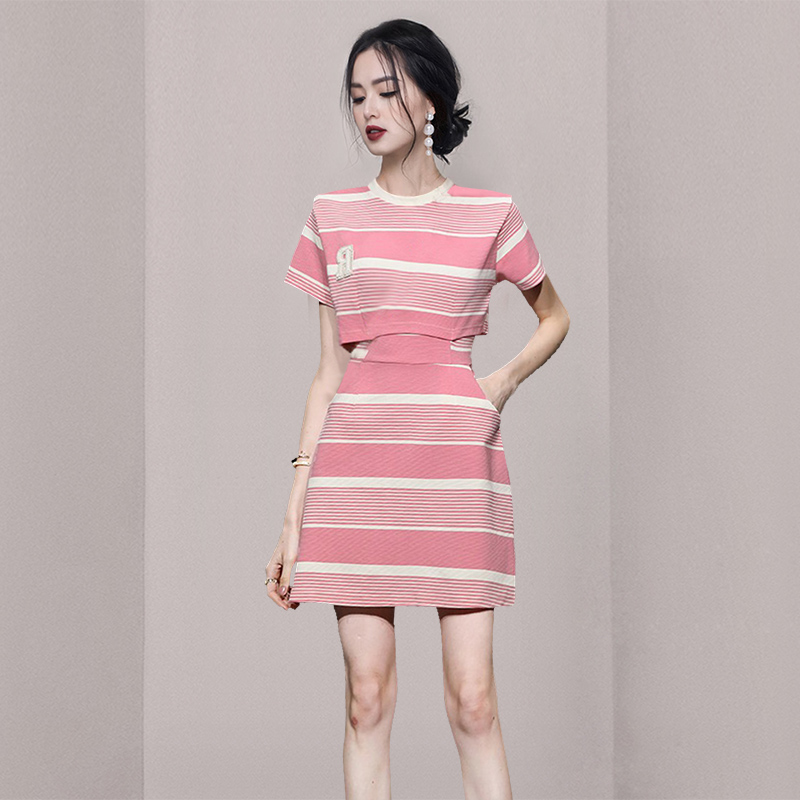Korean style short sleeve stripe slim summer dress