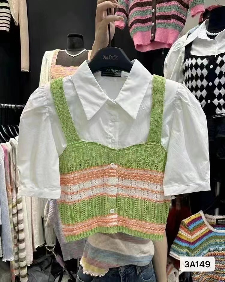 Pseudo-two refreshing knitted unique splice shirt