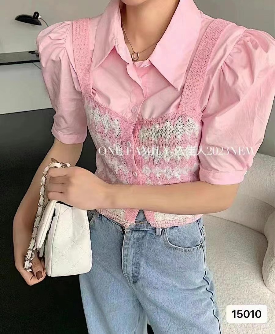 Pseudo-two Western style short sleeve tops for women