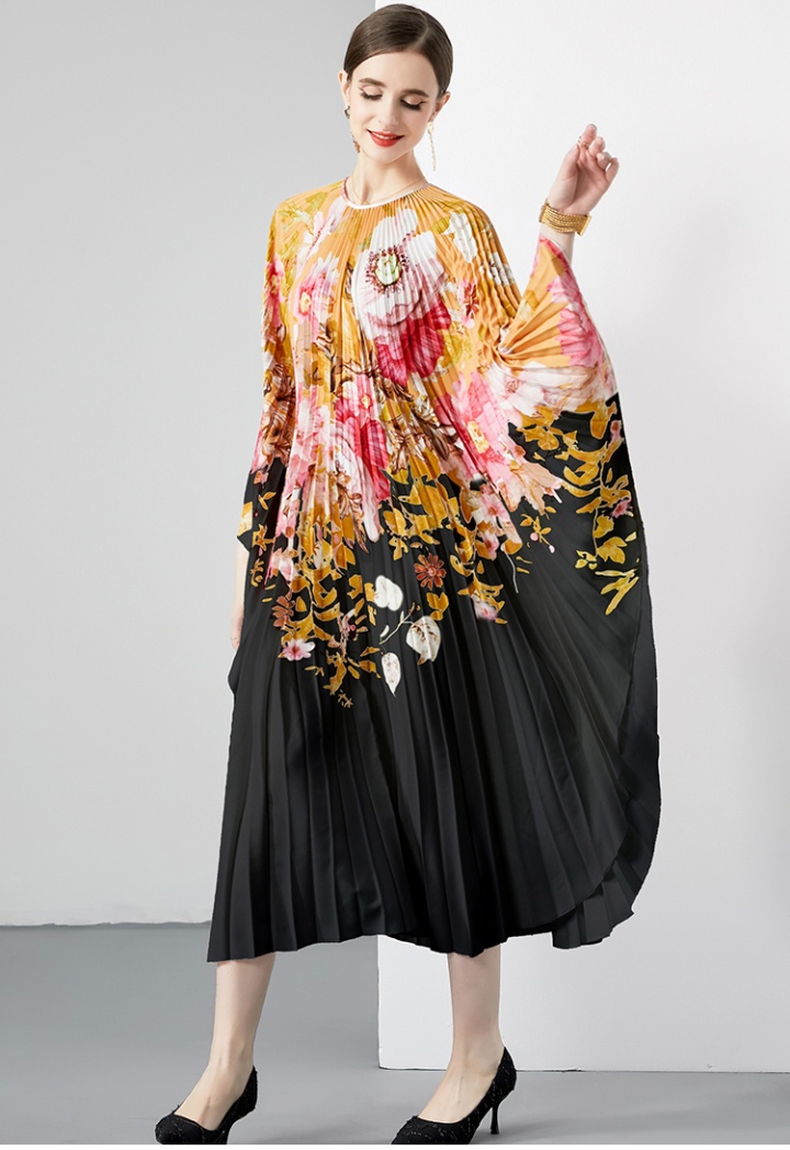 Pleated quality big skirt organ bat sleeve dress