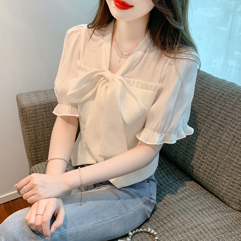 All-match Korean style short sleeve tops splice bow shirt
