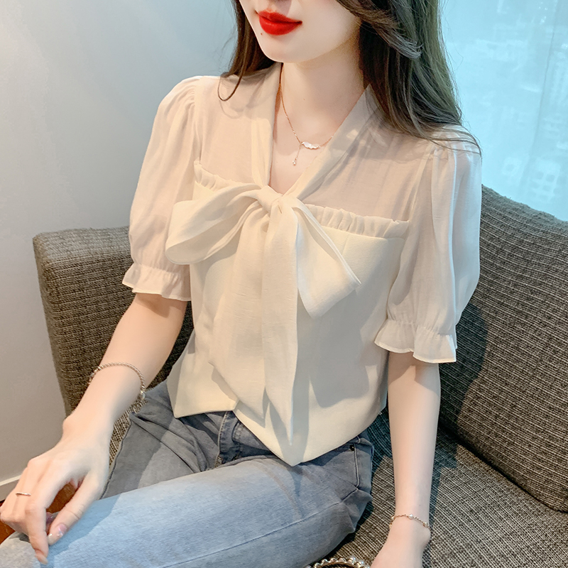 All-match Korean style short sleeve tops splice bow shirt