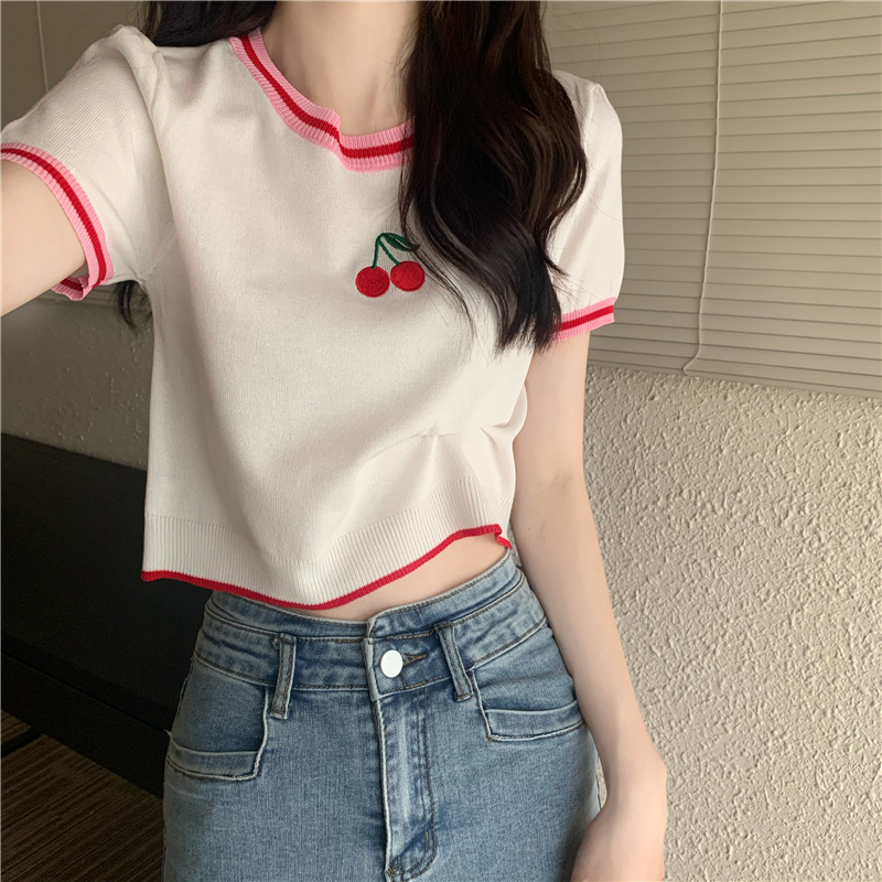 Embroidery knitted summer cherry T-shirt for women