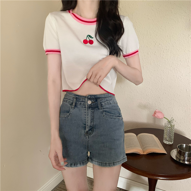Embroidery knitted summer cherry T-shirt for women