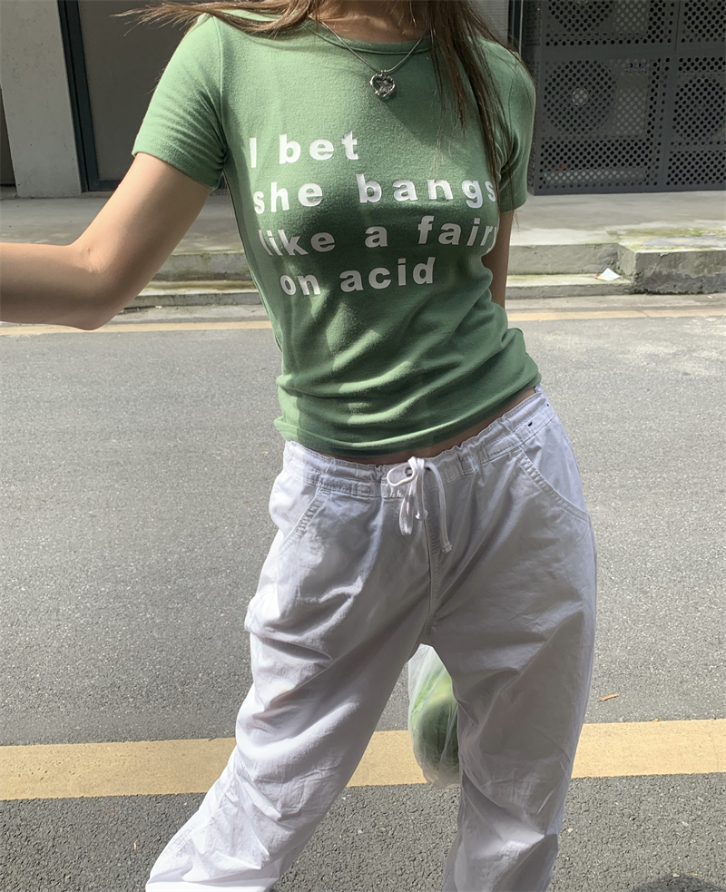 Letters printing T-shirt summer round neck tops for women