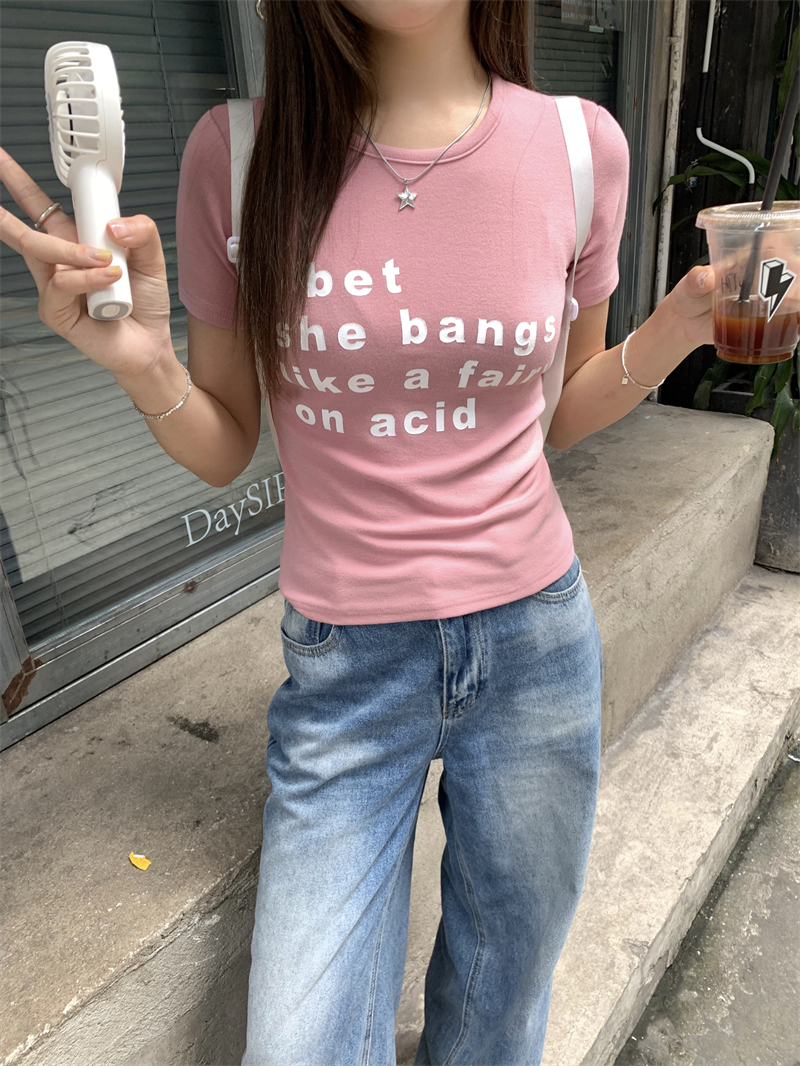 Letters printing T-shirt summer round neck tops for women