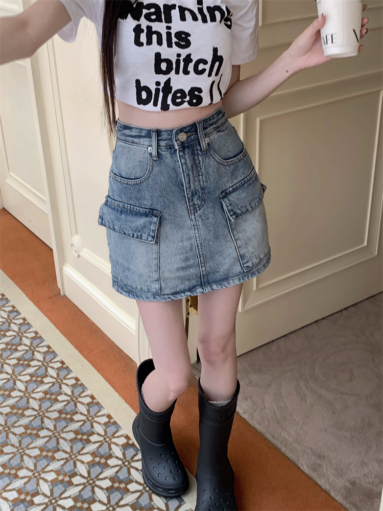 Washed denim spicegirl pocket all-match skirt