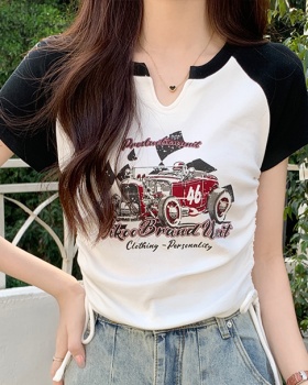 Drawstring V-neck printing T-shirt spicegirl short tops