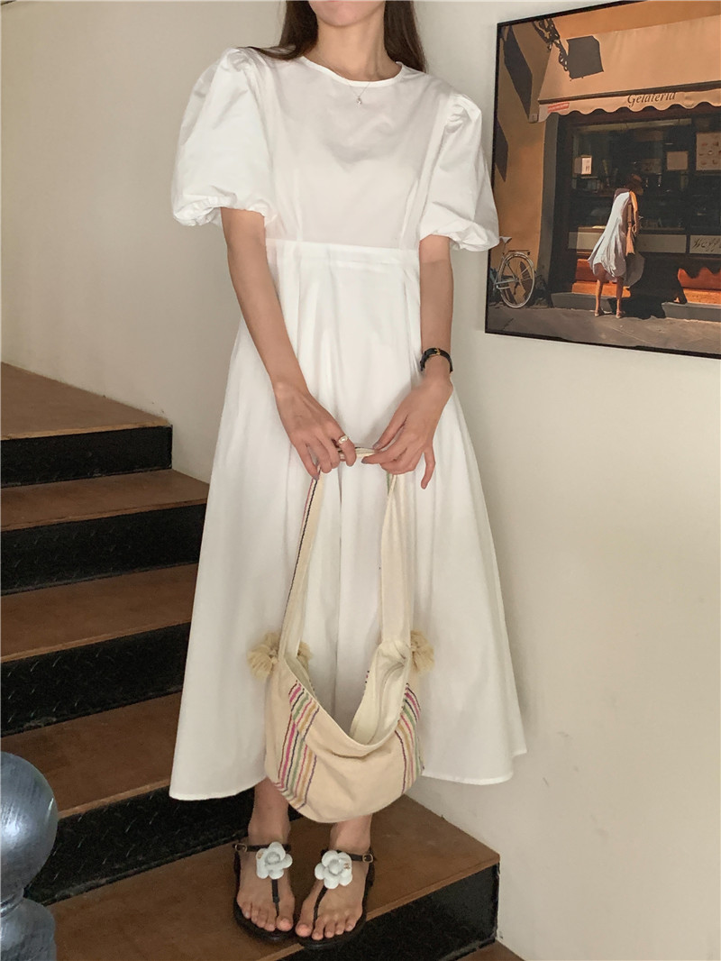 France style pure puff sleeve long halter dress