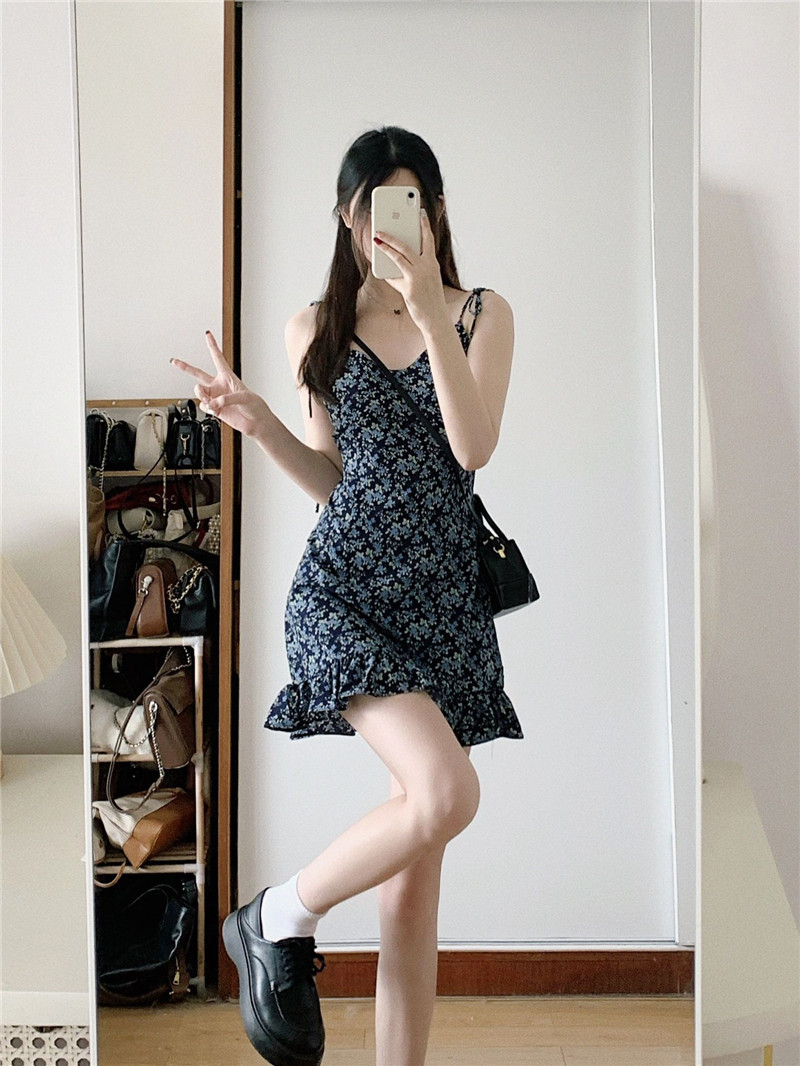Korean style floral sleeveless dress blue short strap dress