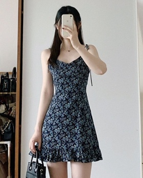 Korean style floral sleeveless dress blue short strap dress