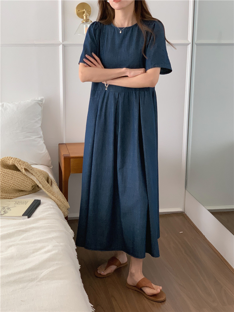 Long pullover simple round neck denim Korean style loose dress
