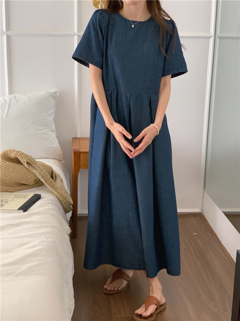 Long pullover simple round neck denim Korean style loose dress