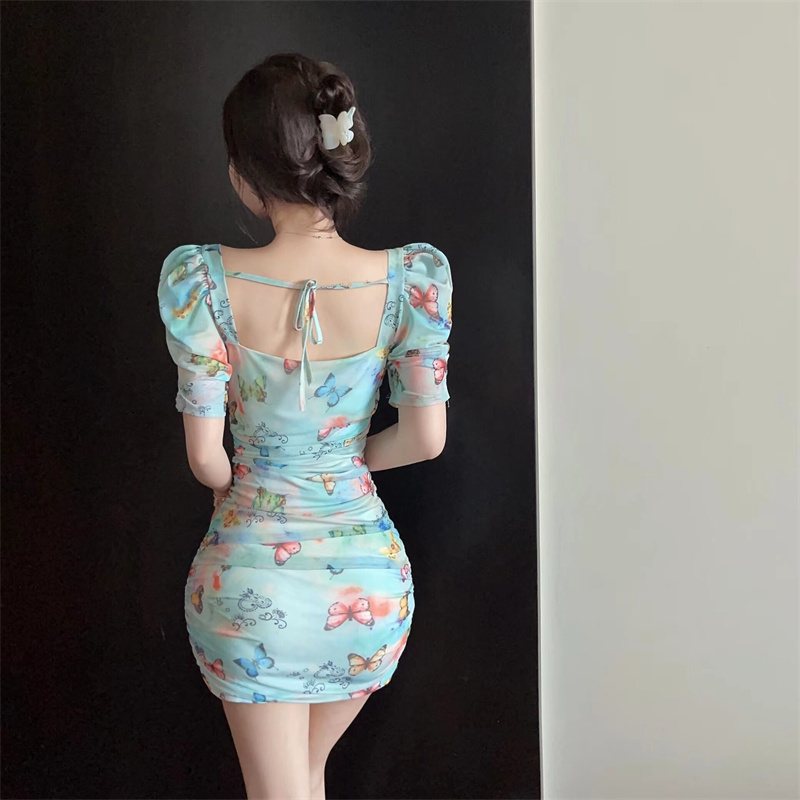 Package hip slim fold printing sexy dress