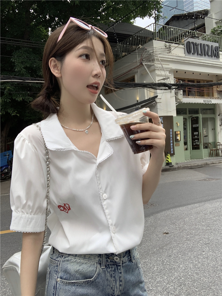 Embroidery lace shirt white Korean style tops