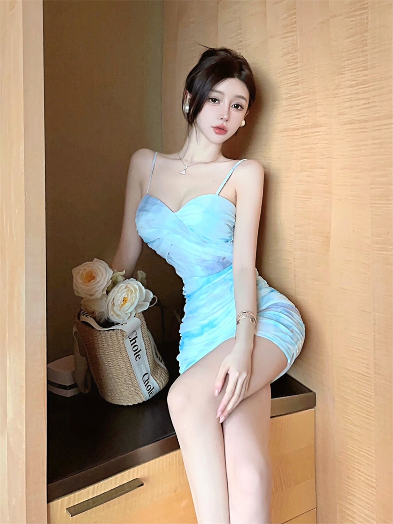 Printing sexy slim fold sling dress