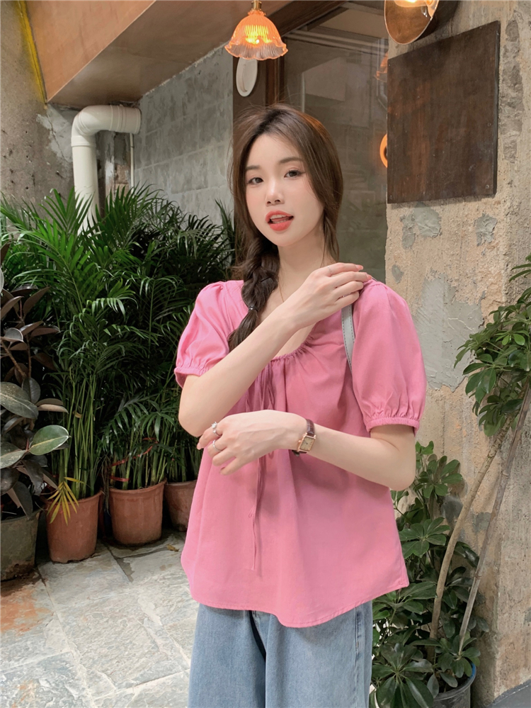 Puff sleeve square collar tops pure shirt for women
