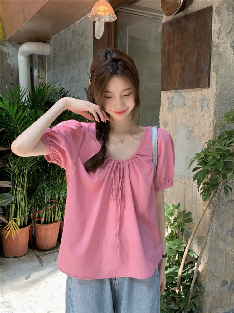Puff sleeve square collar tops pure shirt for women