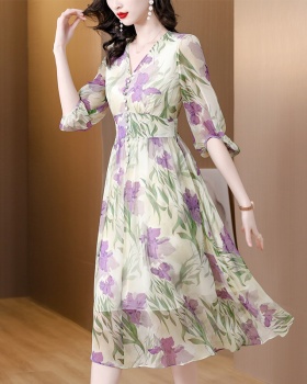 Elegant purple printing temperament floral dress