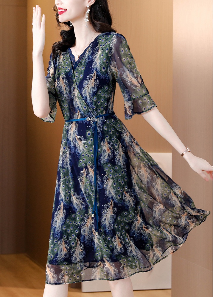 Slim summer lace printing V-neck imitation silk dress