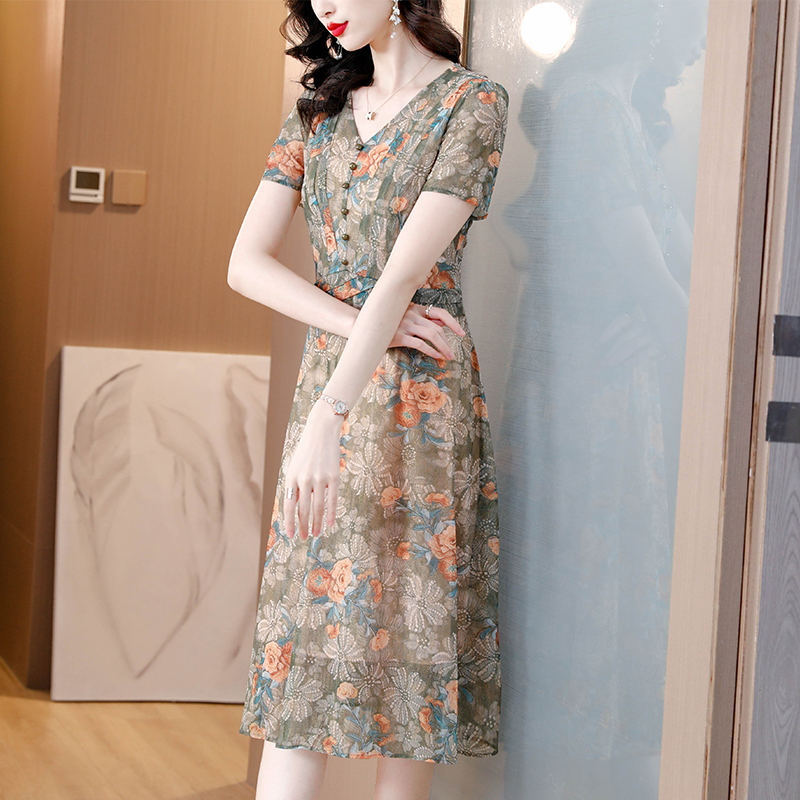 Fat printing summer short sleeve elegant V-neck dress