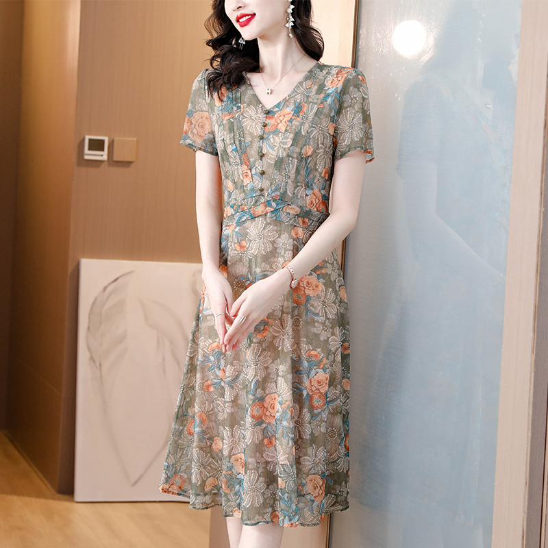 Fat printing summer short sleeve elegant V-neck dress