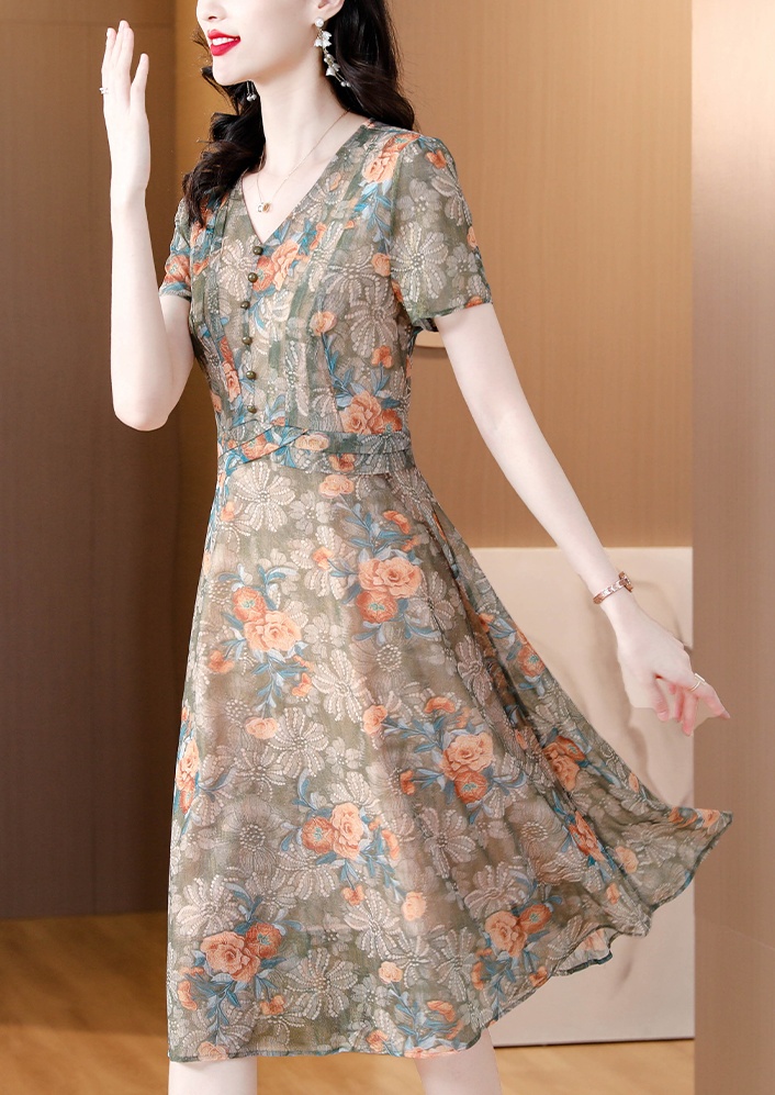 Fat printing summer short sleeve elegant V-neck dress