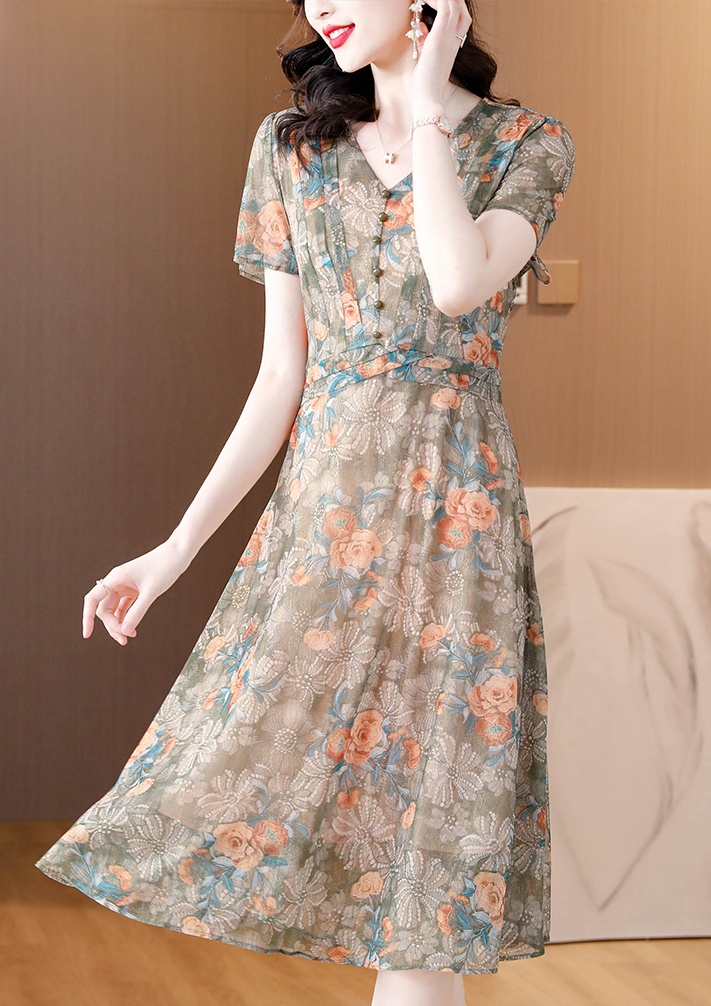 Fat printing summer short sleeve elegant V-neck dress