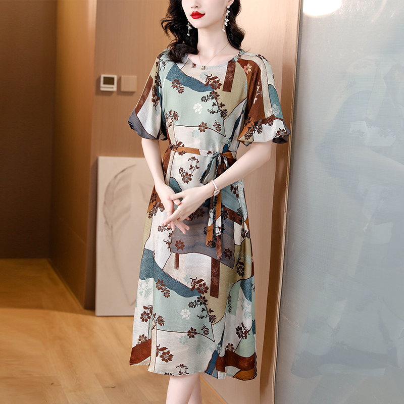 Retro printing imitation silk summer dress