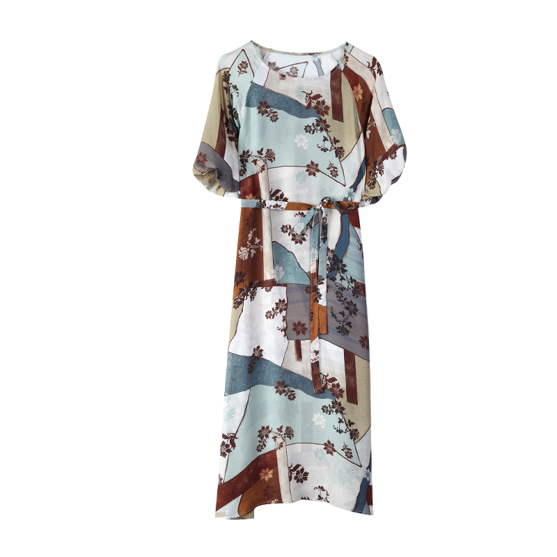 Retro printing imitation silk summer dress