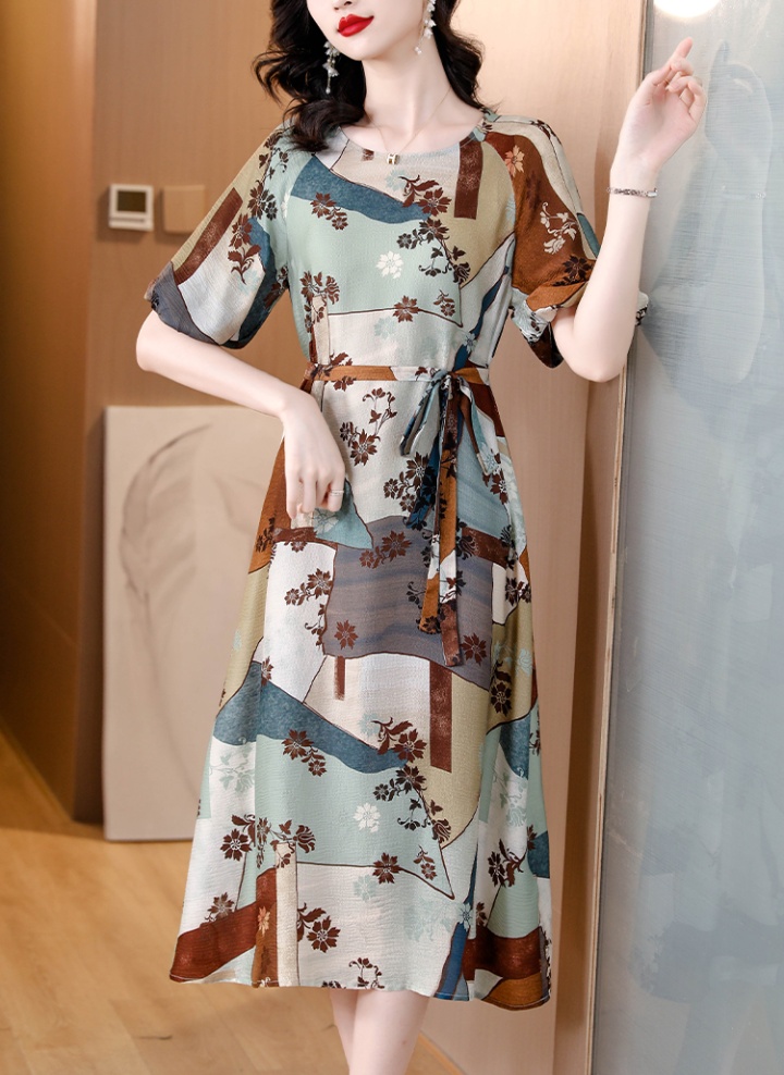 Retro printing imitation silk summer dress