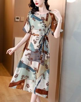 Retro printing imitation silk summer dress