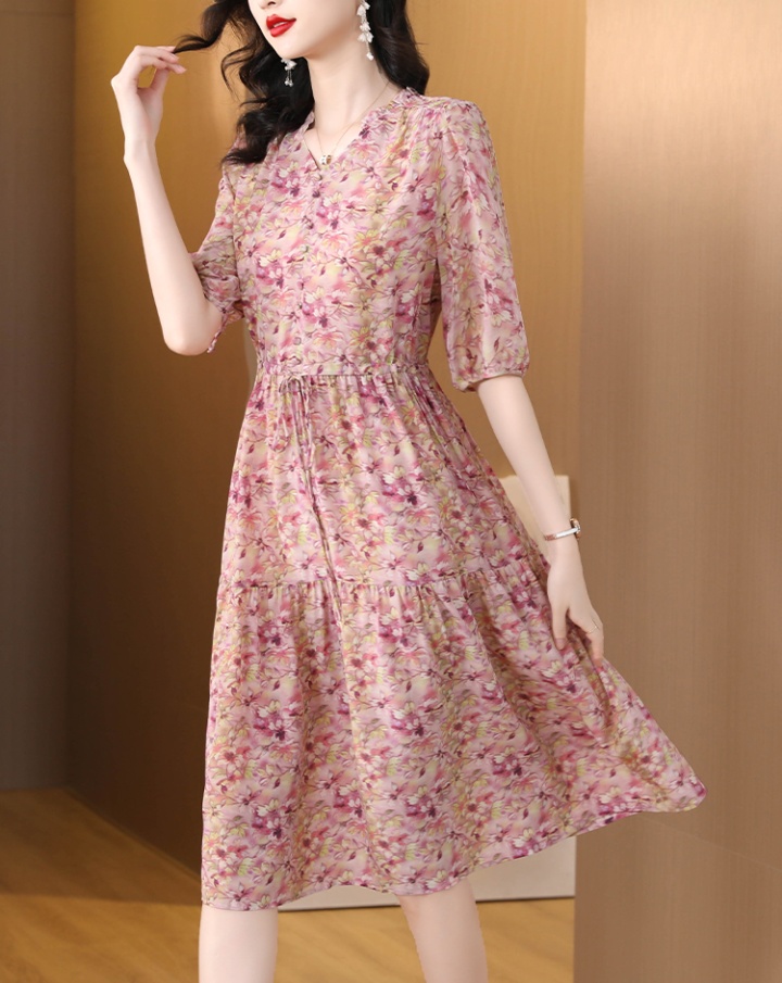 V-neck France style floral dress pink spring long dress