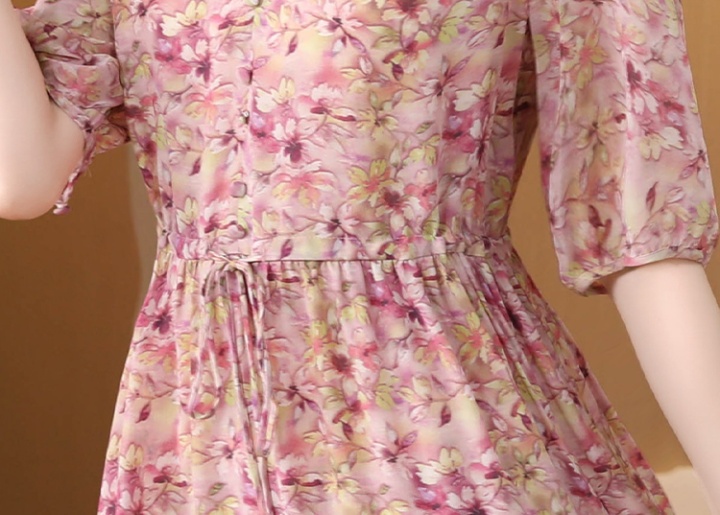 V-neck France style floral dress pink spring long dress