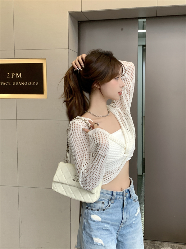 Knitted long sleeve summer smock hollow Korean style tops
