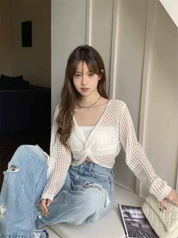Knitted long sleeve summer smock hollow Korean style tops