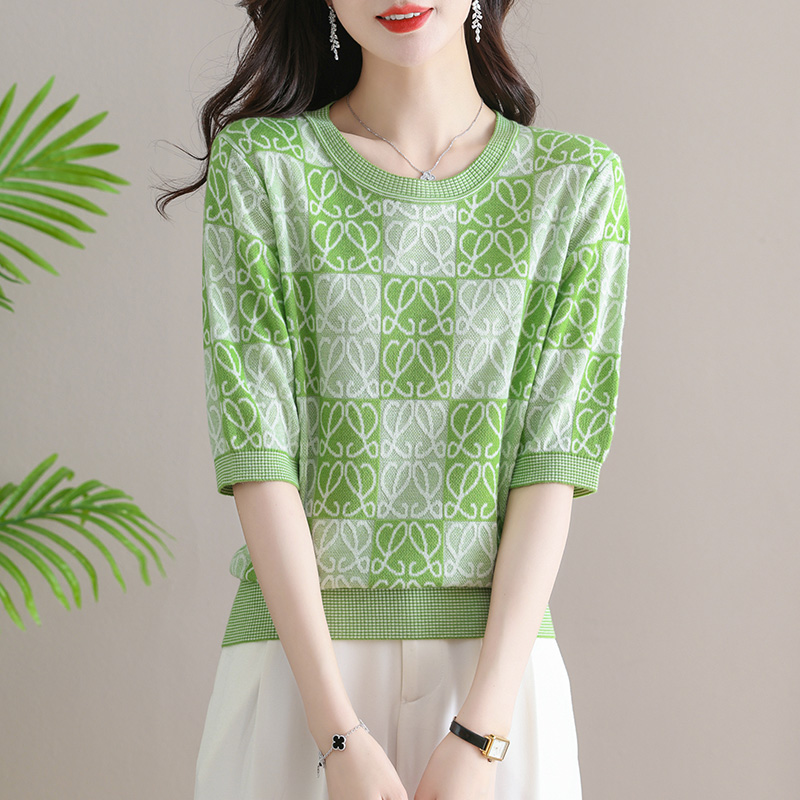 Summer thin tops ice silk middle-aged sweater for women
