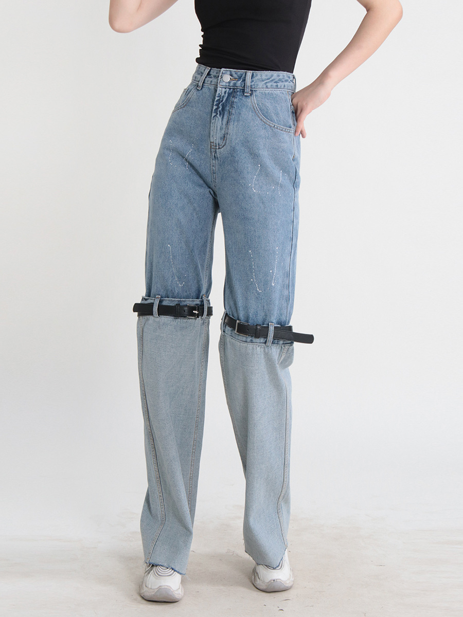 Knee high waist long pants splice belt for women