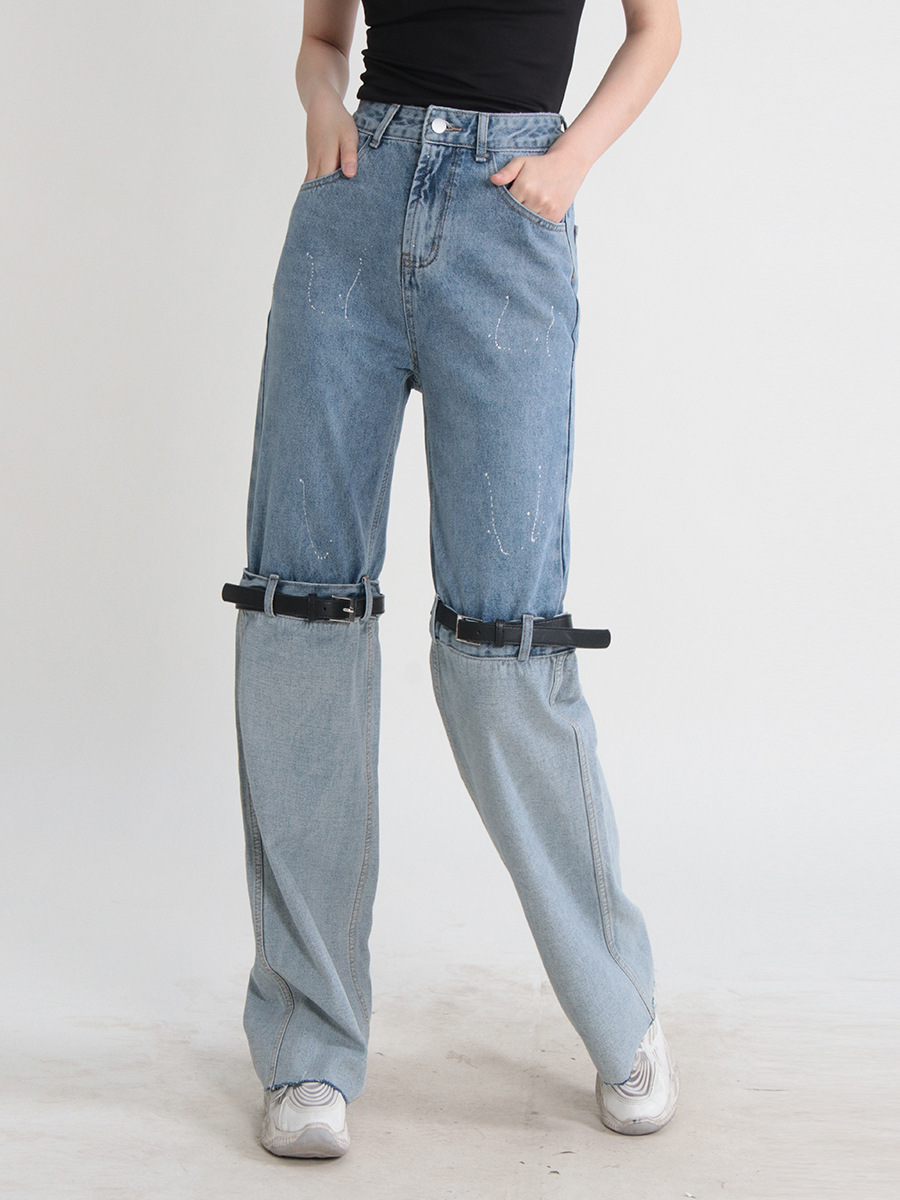 Knee high waist long pants splice belt for women