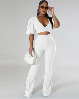 Fashion tops navel long pants 2pcs set for women