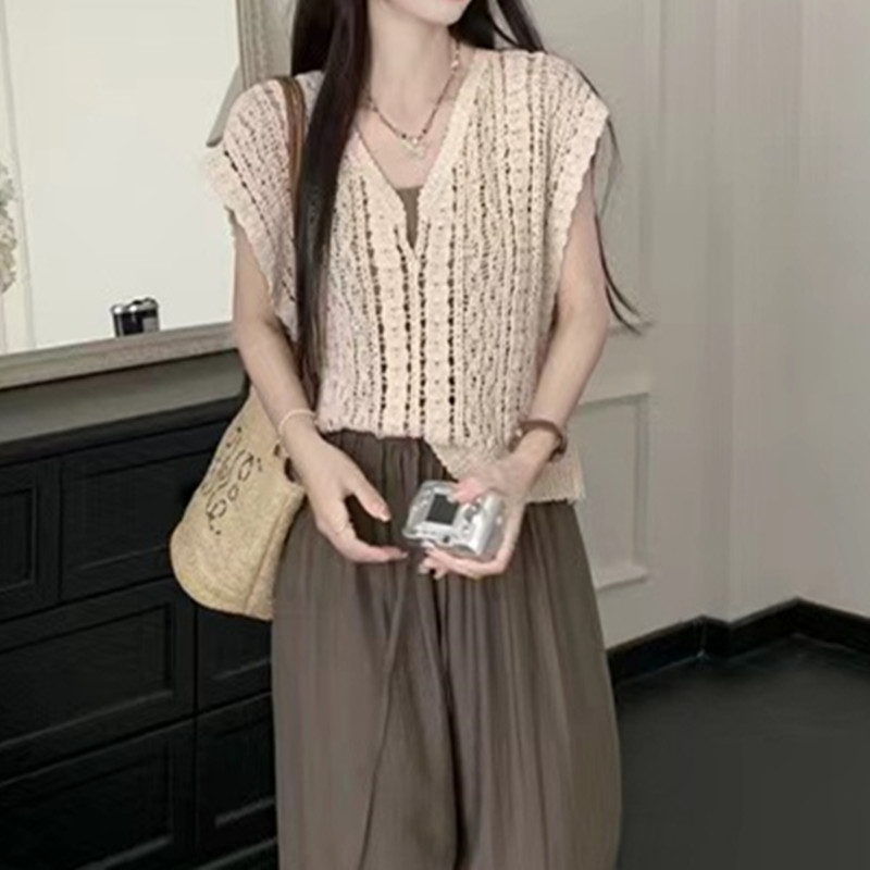 Korean style V-neck simple fashion loose hollow all-match vest
