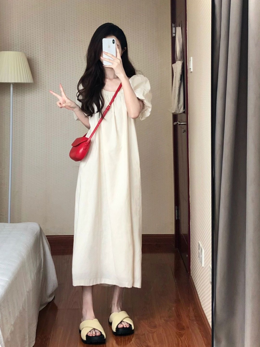 France style puff sleeve long dress lined dress for women