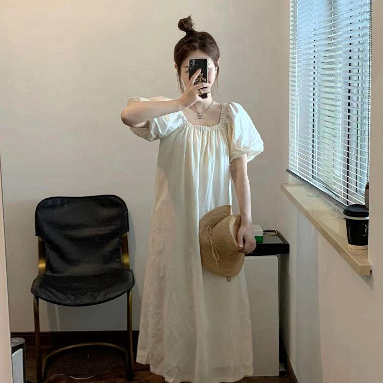 France style puff sleeve long dress lined dress for women