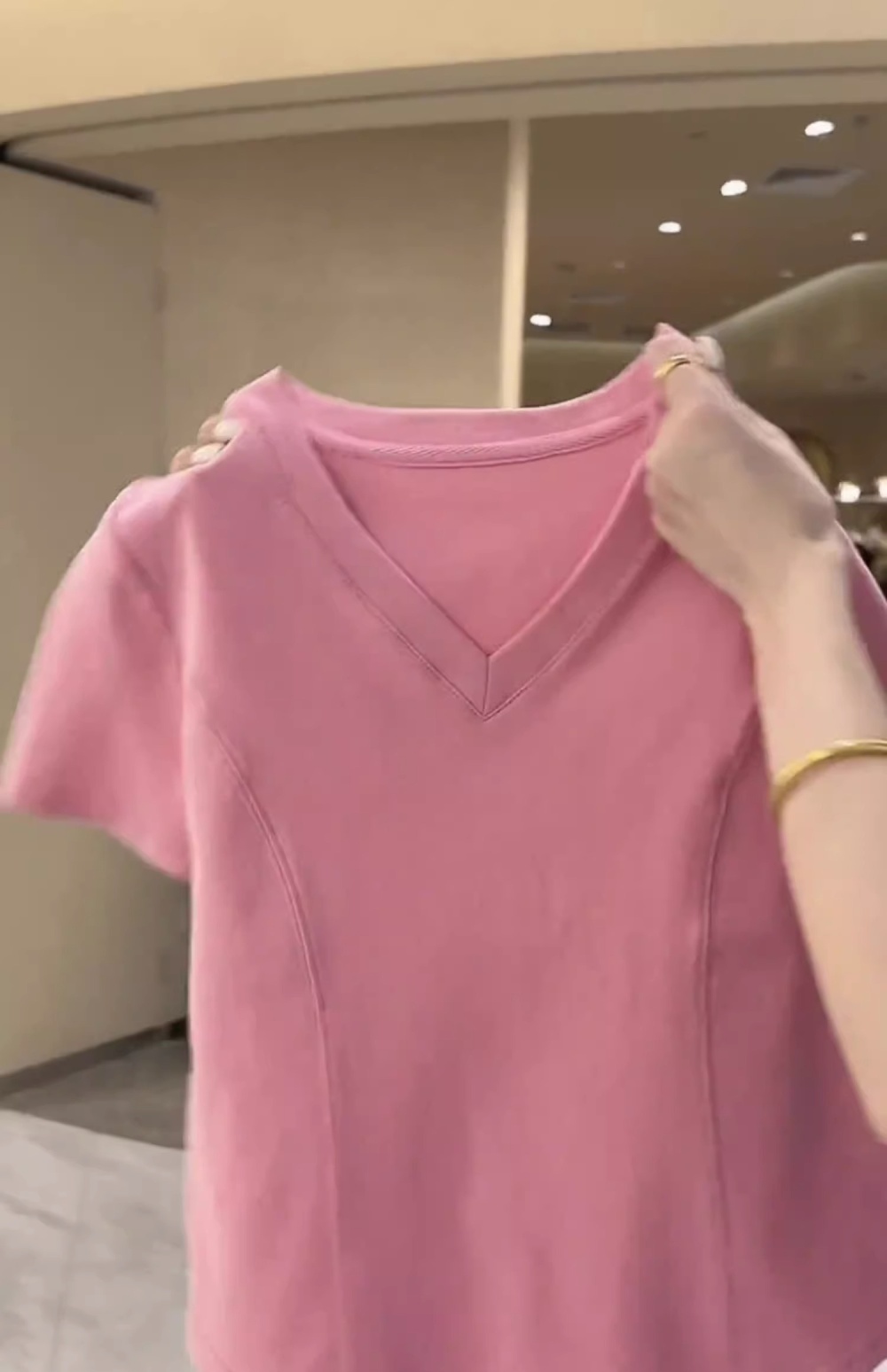 Pink short sleeve spandex cotton rib V-neck T-shirt for women
