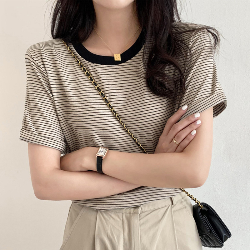 Cotton loose Korean style stripe spandex T-shirt for women