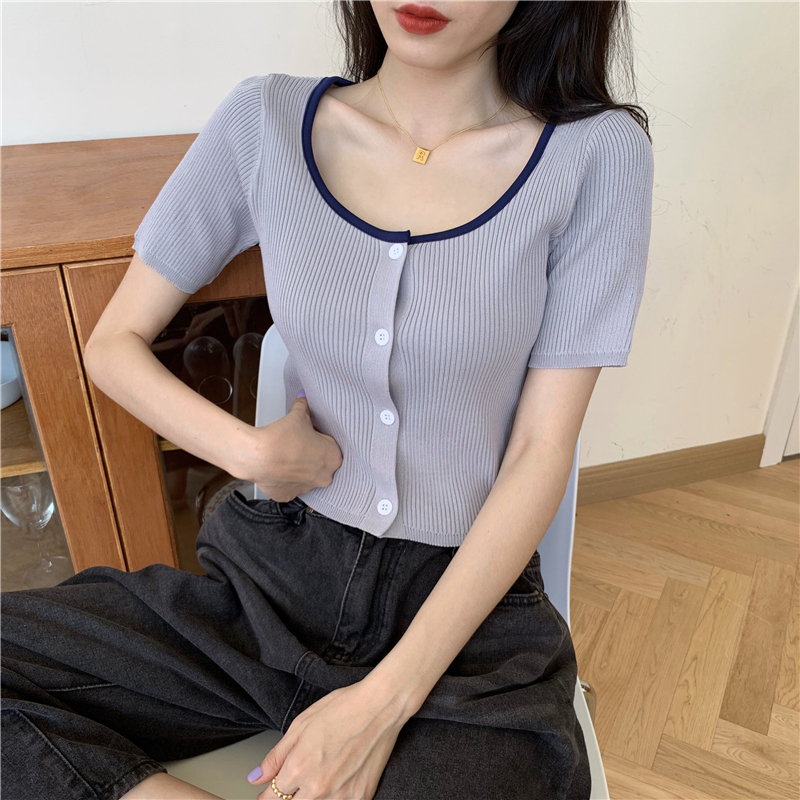 Short slim clavicle Korean style short sleeve sweater