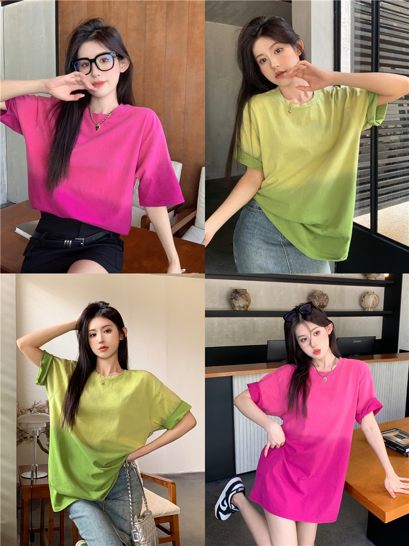 Casual washed summer tops retro gradient T-shirt